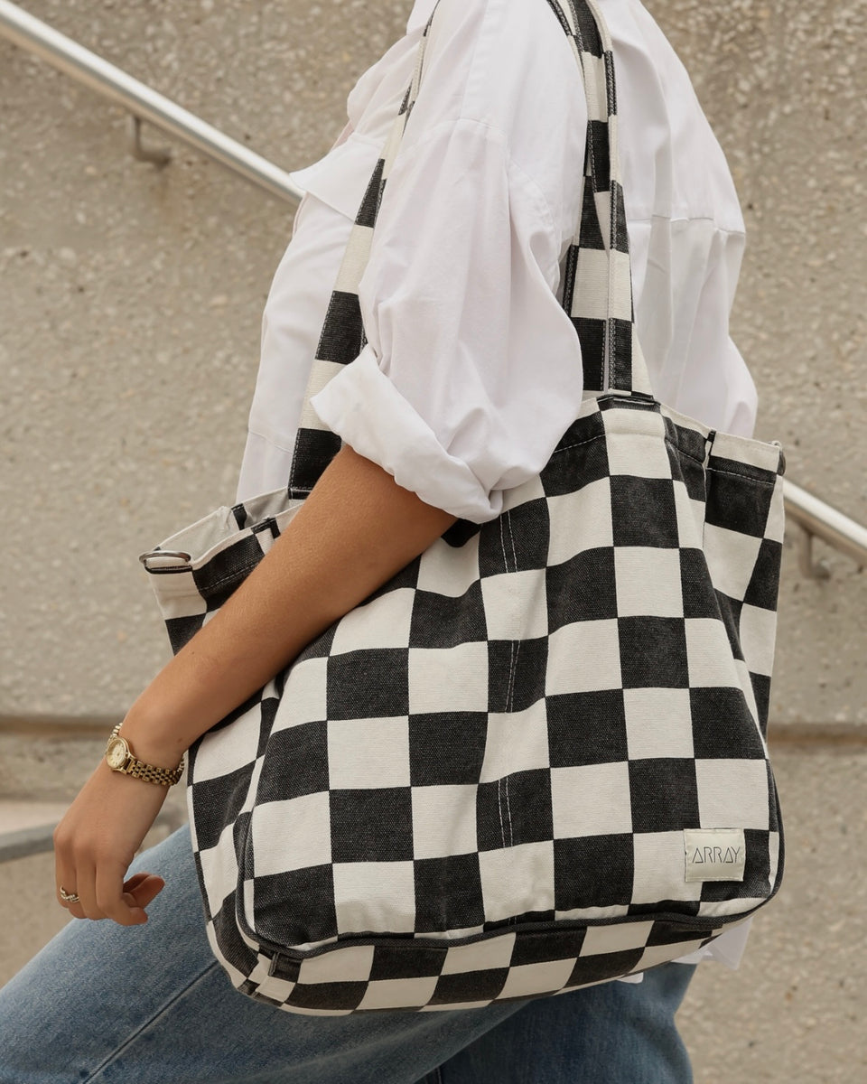 Everyday Pocket Tote - WASHED BLACK & WHITE CHECK CANVAS