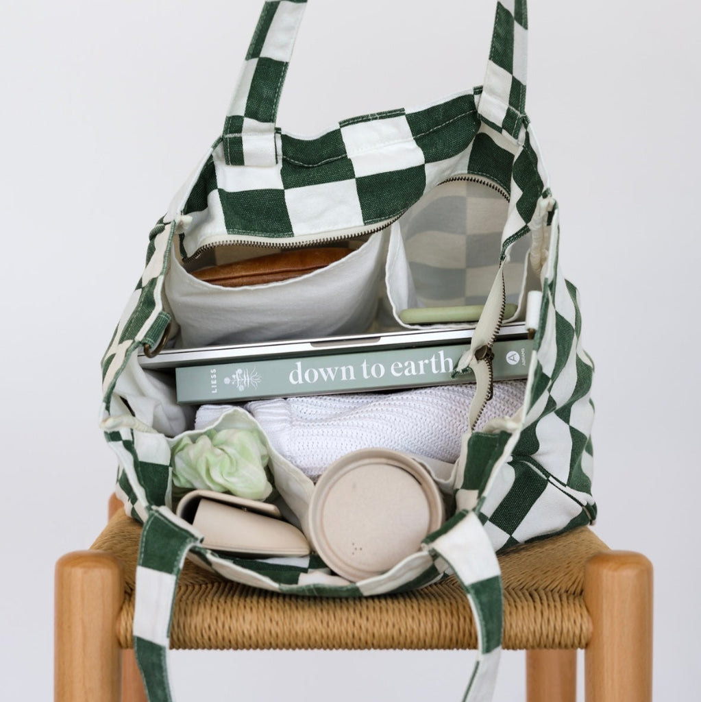 Green and white checkered bag with books and a plant on a wooden chair against a white background