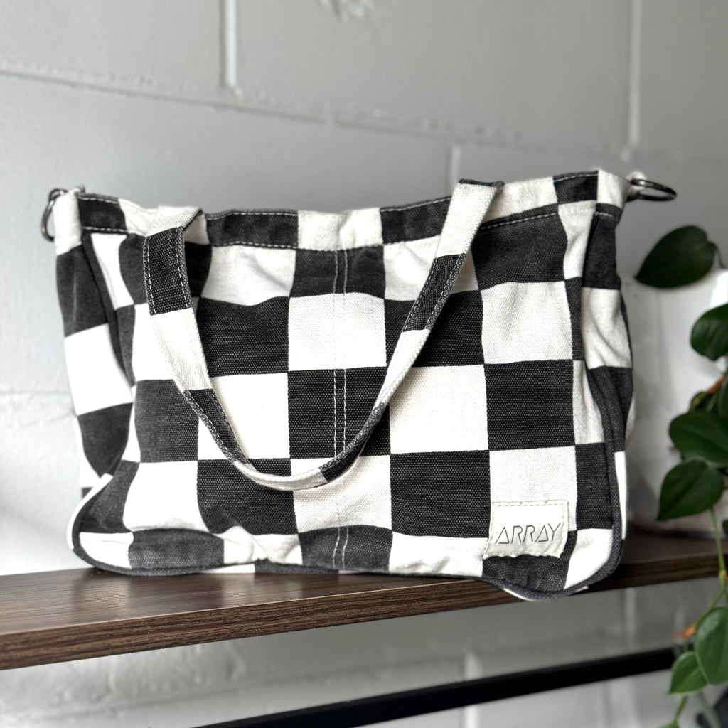 mini pocket tote bw check